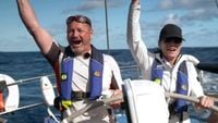 The sails celebrate halfway across the Atlantic