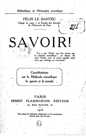 Savoir ! Considérations sur la Méthode scientifique, la guerre et la morale